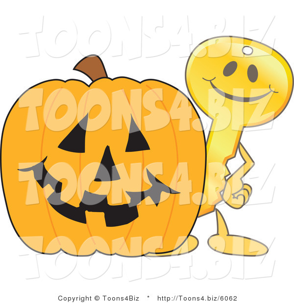 Vector Illustration of a Gold Cartoon Key Mascot with a Halloween Pumpkin