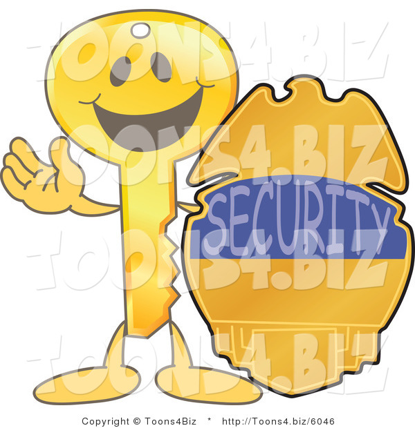 Vector Illustration of a Gold Key Mascot with a Security Badge