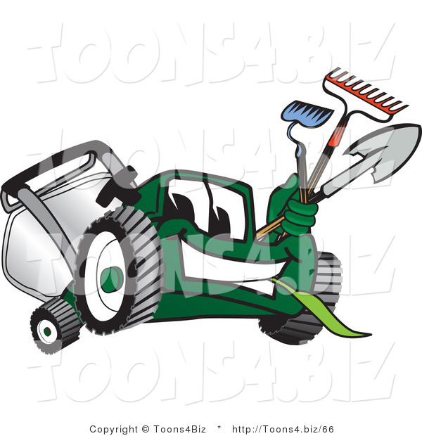 Vector Illustration of a Green Cartoon Lawn Mower Mascot Carrying Garden Tools