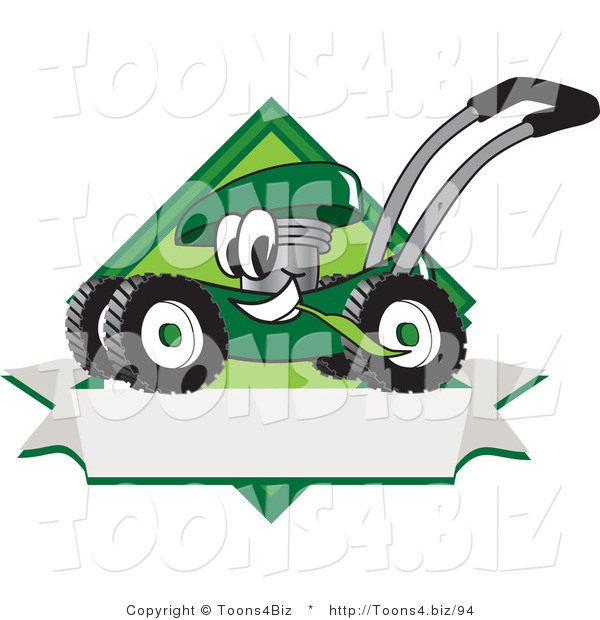 Vector Illustration of a Green Cartoon Lawn Mower Mascot Chewing Grass on a Blank Ribbon Label
