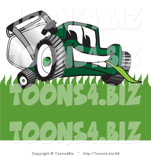 Vector Illustration of a Green Cartoon Lawn Mower Mascot Facing Front and Eating Grass