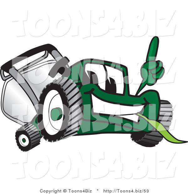 Vector Illustration of a Green Cartoon Lawn Mower Mascot Facing Front and Pointing up