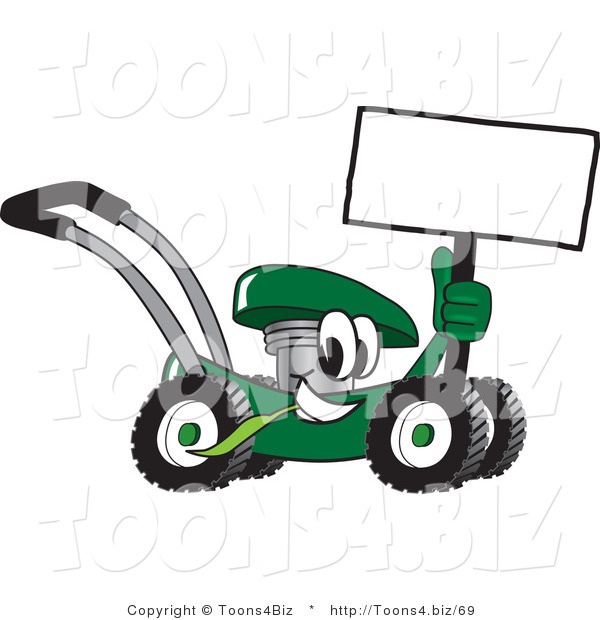 Vector Illustration of a Green Cartoon Lawn Mower Mascot Holding a Blank Sign