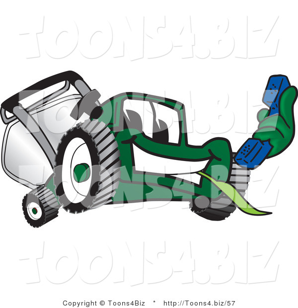Vector Illustration of a Green Cartoon Lawn Mower Mascot Holding out a Blue Telephone