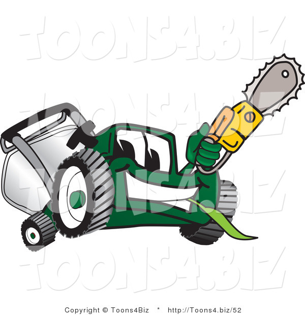 Vector Illustration of a Green Cartoon Lawn Mower Mascot Holding up a Saw