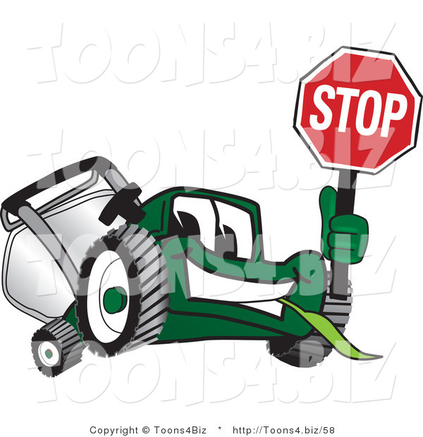 Vector Illustration of a Green Cartoon Lawn Mower Mascot Holding up a Stop Sign