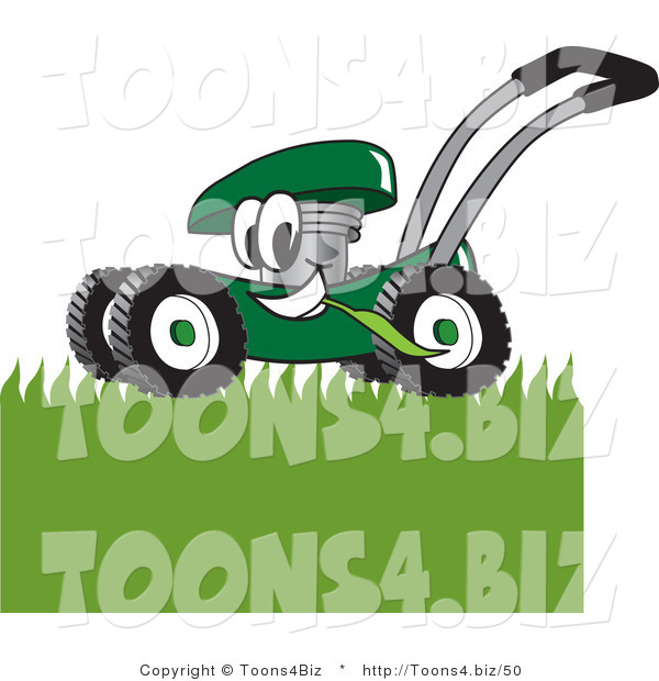 Vector Illustration of a Green Cartoon Lawn Mower Mascot Mowing Grass