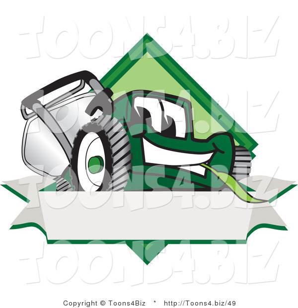 Vector Illustration of a Green Cartoon Lawn Mower Mascot on a Blank Label
