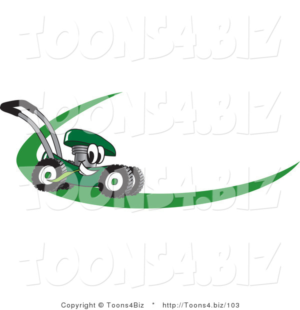 Vector Illustration of a Green Cartoon Lawn Mower Mascot on a Logo or Nametag with a Green Dash