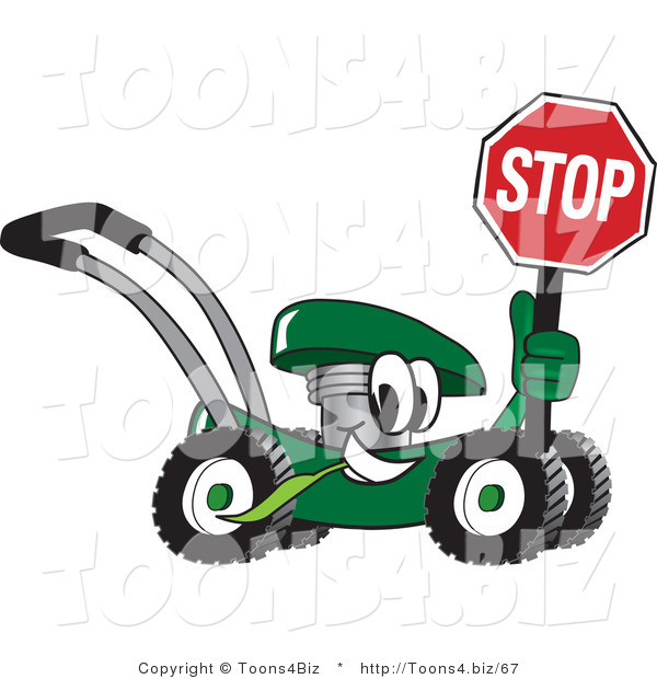 Vector Illustration of a Green Cartoon Lawn Mower Mascot Passing by and Holding a Stop Sign