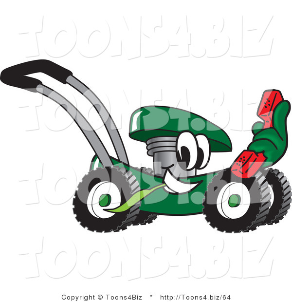 Vector Illustration of a Green Cartoon Lawn Mower Mascot Passing by and Holding out a Red Telephone