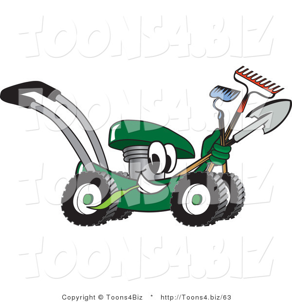 Vector Illustration of a Green Cartoon Lawn Mower Mascot Passing by While Carrying Garden Tools