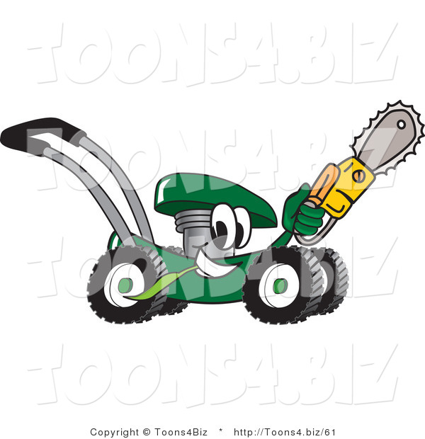 Vector Illustration of a Green Cartoon Lawn Mower Mascot Passing by with a Saw