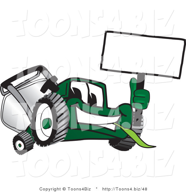 Vector Illustration of a Green Cartoon Lawn Mower Mascot Waving a Blank Sign