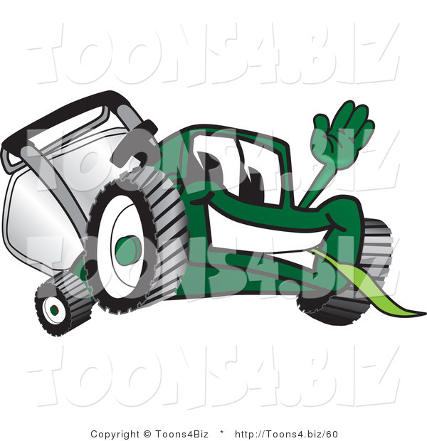 Vector Illustration of a Green Cartoon Lawn Mower Mascot Waving Hello