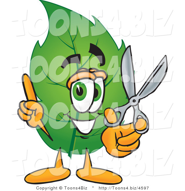 Vector Illustration of a Green Leaf Mascot Holding a Pair of Scissors