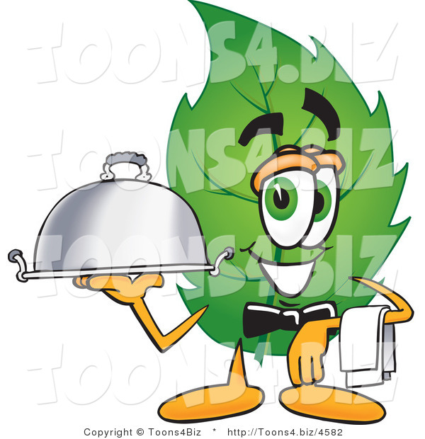 Vector Illustration of a Green Leaf Mascot Holding a Serving Platter