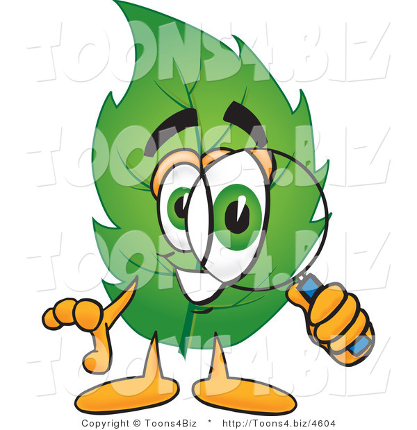 Vector Illustration of a Green Leaf Mascot Looking Through a Magnifying Glass