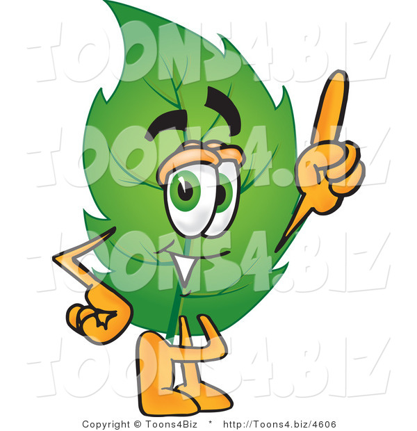 Vector Illustration of a Green Leaf Mascot Pointing Upwards
