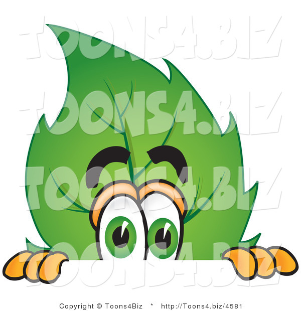 Vector Illustration of a Green Leaf Mascot Scared and Peeking over a Surface