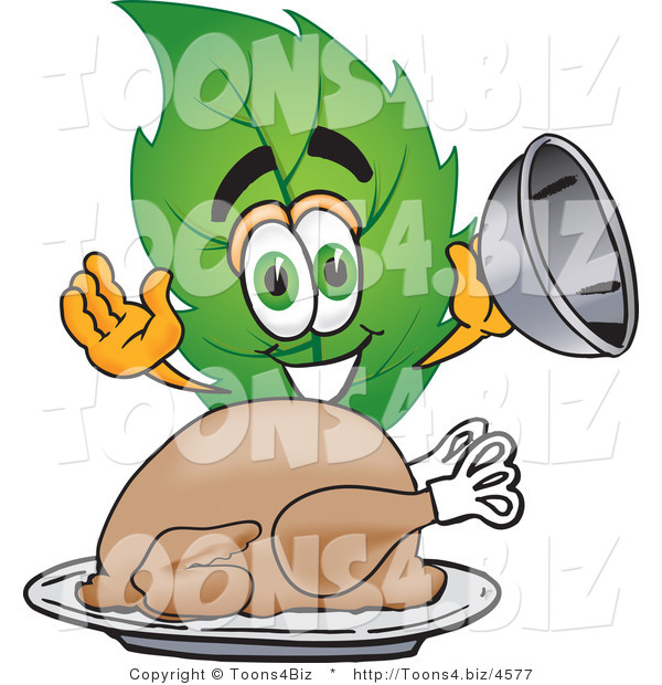 Vector Illustration of a Green Leaf Mascot Serving a Thanksgiving Turkey on a Platter