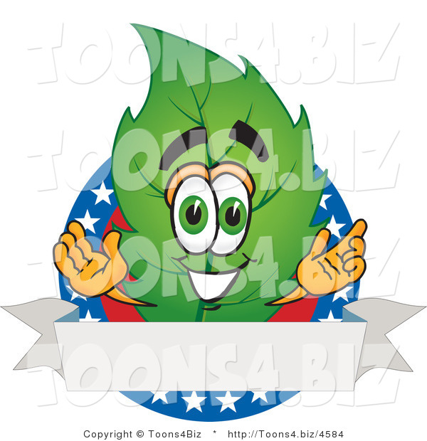 Vector Illustration of a Green Leaf Mascot with Stars and a Blank Label