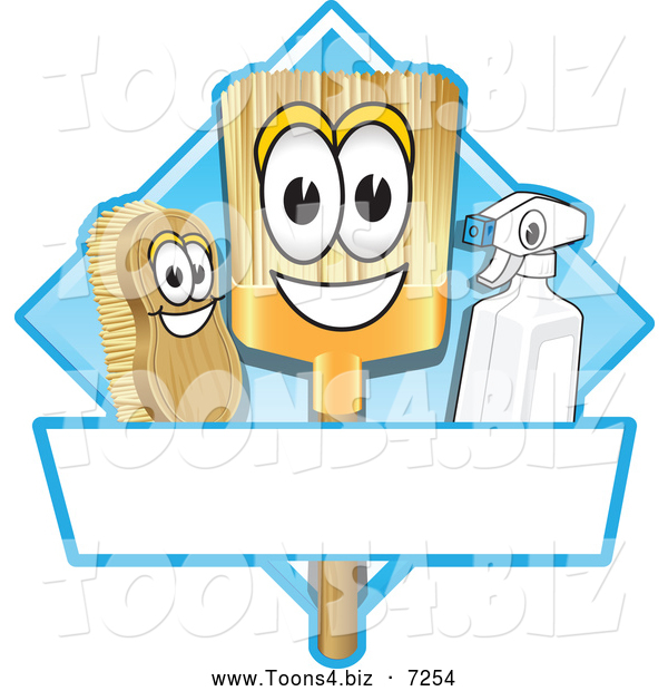 Vector Illustration of a Happy Broom Scrub Brush and Spray Bottle Mascot Characters on a Blue Cleaning Sign or Logo