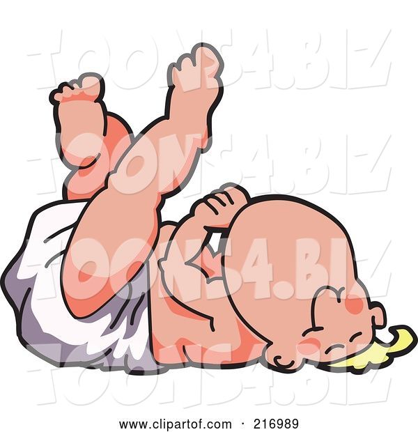 Vector Illustration of a Happy Cartoon Baby Blond Boy Mascot in a Diaper, Resting on His Back