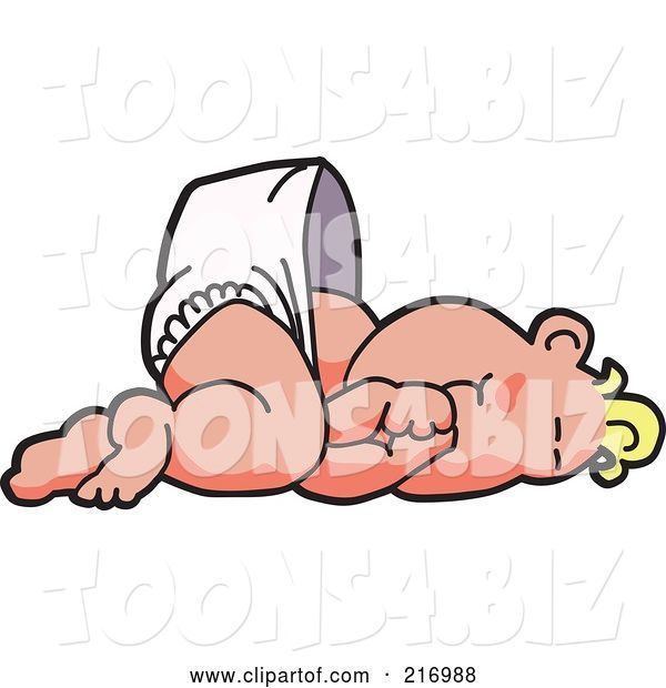 Vector Illustration of a Happy Cartoon Baby Blond Boy Mascot in a Diaper, Sucking His Thumb and Laying down