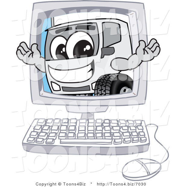 Vector Illustration of a Happy Cartoon Delivery Truck Mascot on a Computer Screen