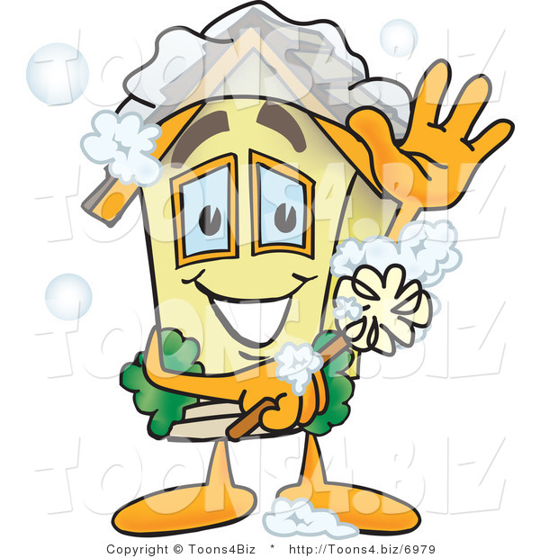 Vector Illustration of a Happy Cartoon Home Mascot Getting Washed and Cleaned