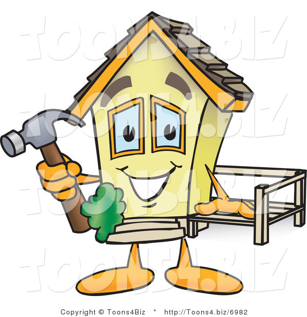 Vector Illustration of a Happy Cartoon Home Mascot Holding Hammer While Building a Deck