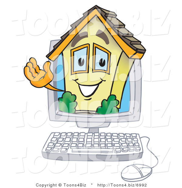 Vector Illustration of a Happy Cartoon Home Mascot on a Computer Screen
