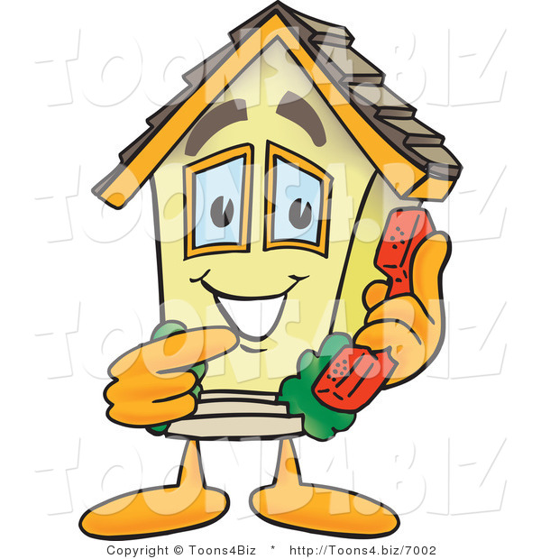 Vector Illustration of a Happy Cartoon Home Mascot with Phone