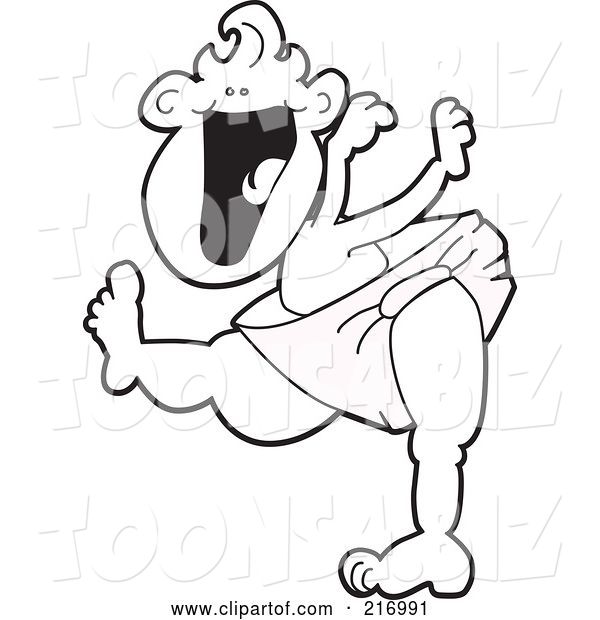 Vector Illustration of a Happy Cartoon Outlined Baby Boy Mascot in a Diaper, Learning to Walk