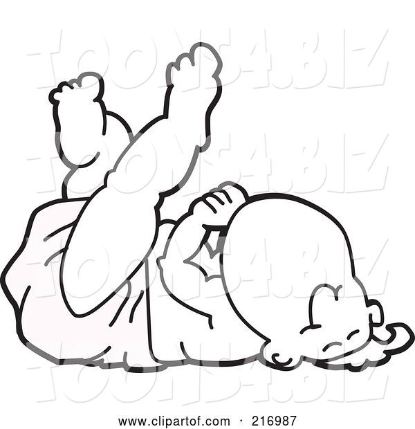 Vector Illustration of a Happy Cartoon Outlined Baby Boy Mascot in a Diaper, Resting on His Back