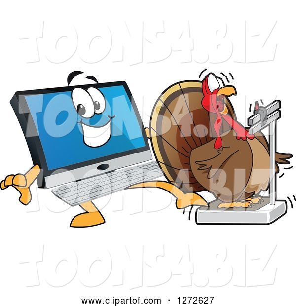 Vector Illustration of a Happy Cartoon PC Computer Mascot Behind a Shocked Thanksgiving Turkey Bird on a Weight Scale