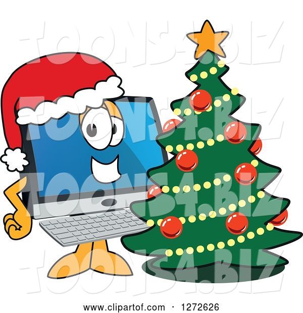 Vector Illustration of a Happy Cartoon PC Computer Mascot Wearing a Santa Hat by a Christmas Tree