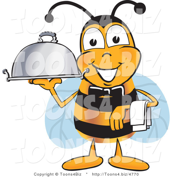 Vector Illustration of a Honey Bee Mascot Dressed As a Servant, Carrying a Food Platter