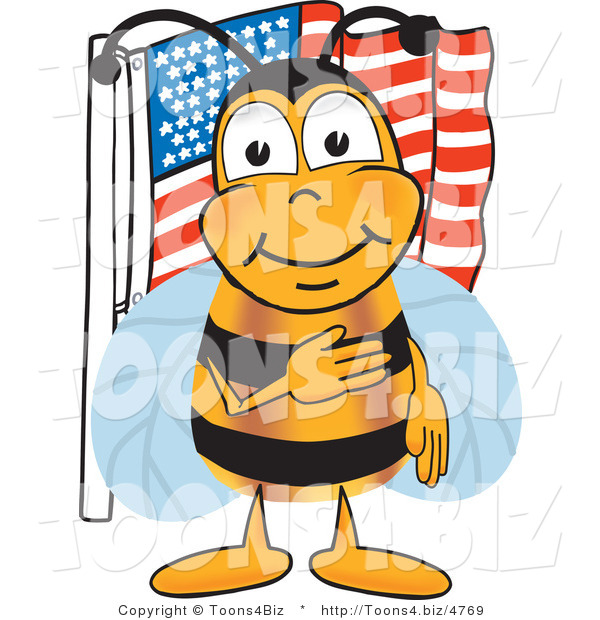Vector Illustration of a Honey Bee Mascot Giving the Pledge of Allegiance near an American Flag