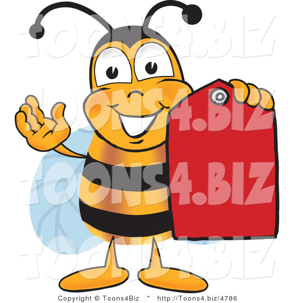 Vector Illustration of a Honey Bee Mascot Holding a Red Clearance Sales Tag
