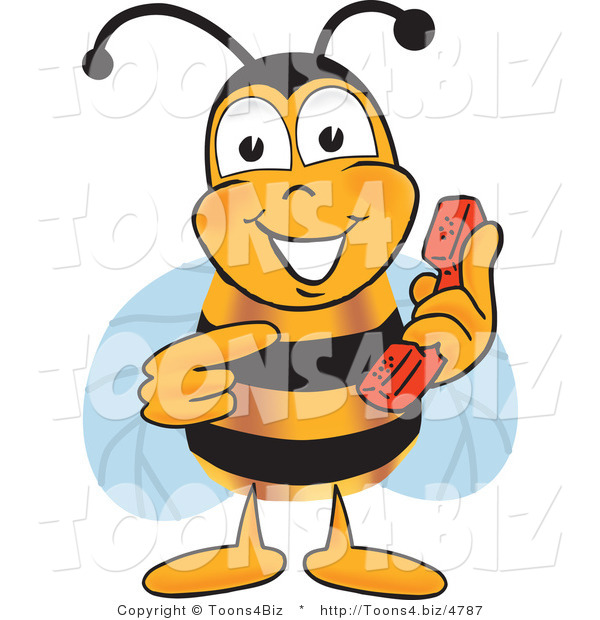Vector Illustration of a Honey Bee Mascot Holding and Pointing to a Telephone