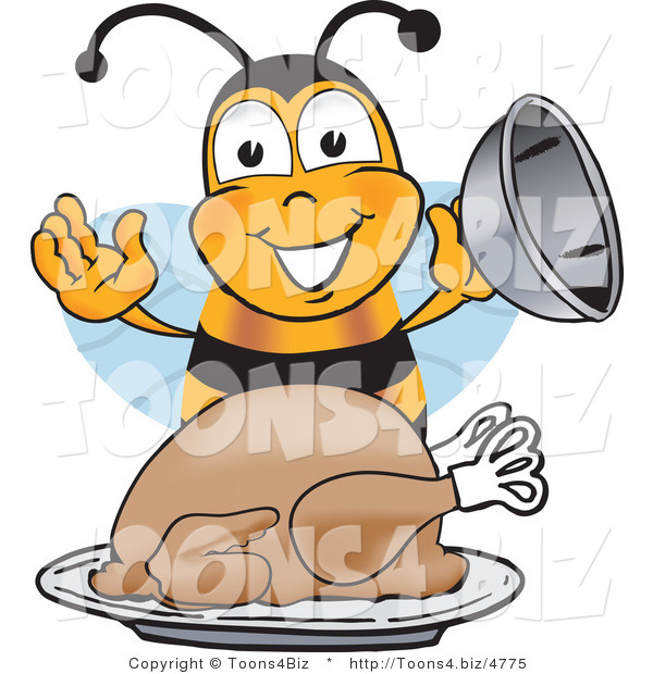 Vector Illustration of a Honey Bee Mascot Holding the Lid to a Platter with a Thanksgiving Turkey on It