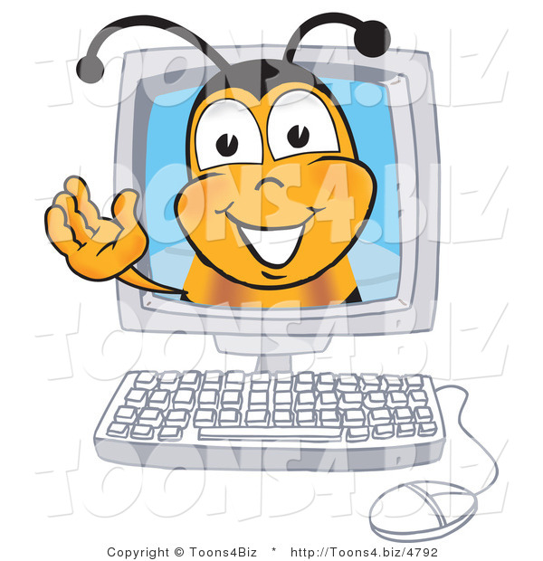Vector Illustration of a Honey Bee Mascot in a Computer Monitor, Waving