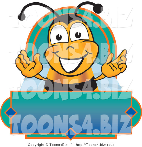 Vector Illustration of a Honey Bee Mascot on a Blank Blue and Green Label