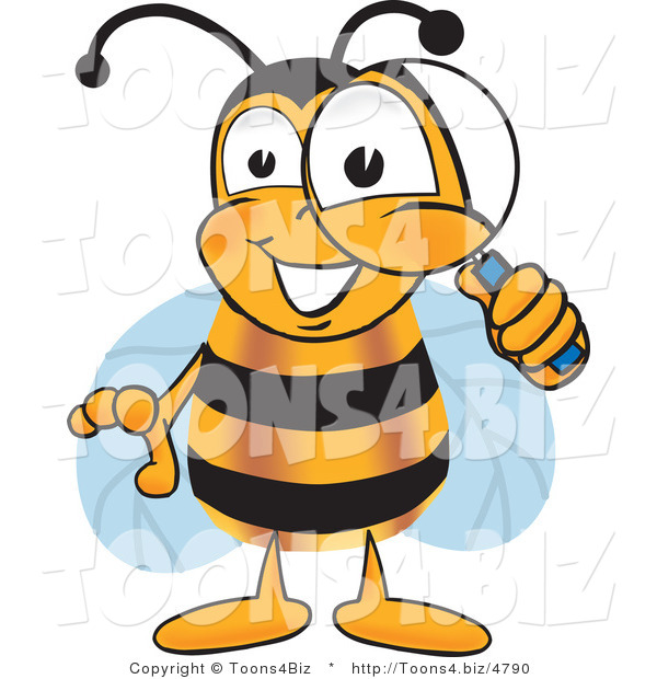 Vector Illustration of a Honey Bee Mascot Peeking Through a Magnifying Glass