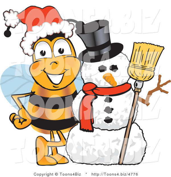 Vector Illustration of a Honey Bee Mascot with a Snowman on Christmas
