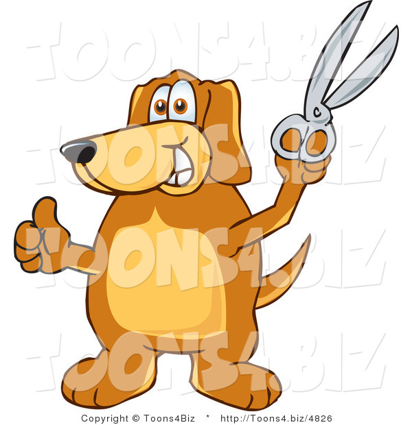 Vector Illustration of a Hound Dog Mascot Holding a Pair of Scissors