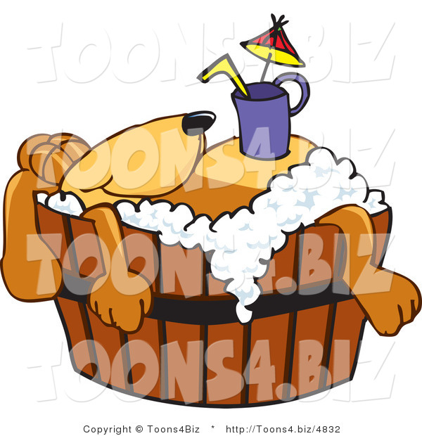 Vector Illustration of a Hound Dog Mascot with a Drink on His Belly, Taking a Bath