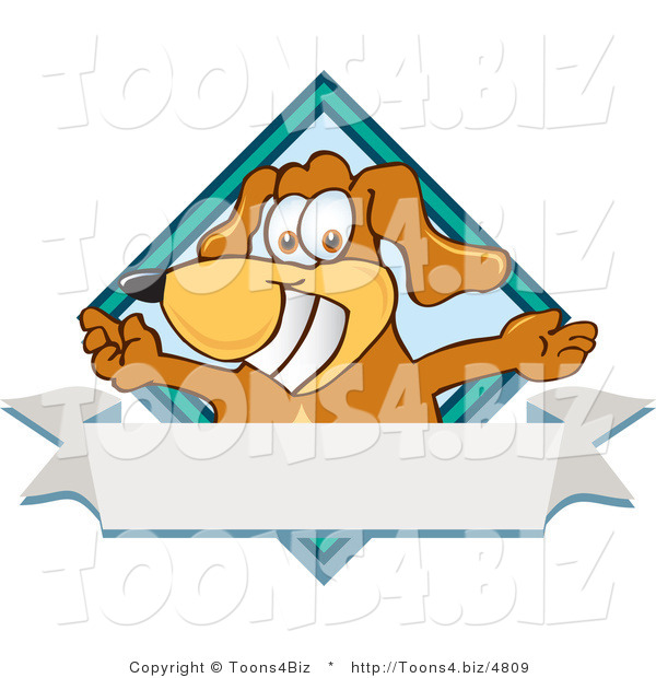 Vector Illustration of a Hound Dog Mascot with Open Arms over a Blank White Label